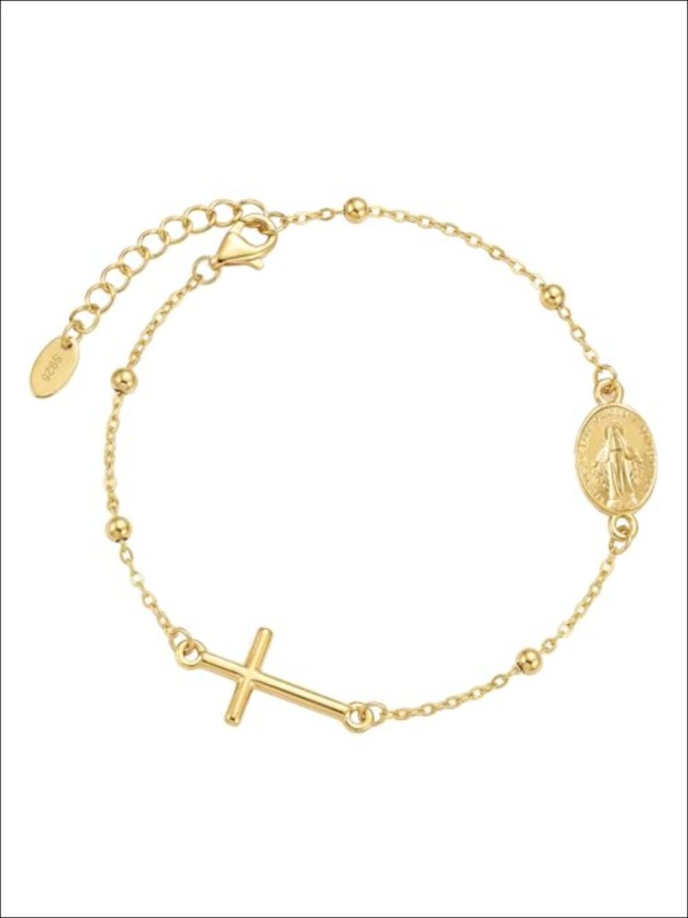 925 Sterling Silver 18K Gold Plated Cross Bracelet with Miraculous Medal &